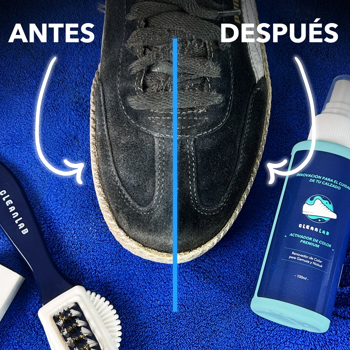 Antes y después de aplicar el Activador de Color Premium de Clean Lab en tenis de gamuza para renovar el color y revitalizar el material